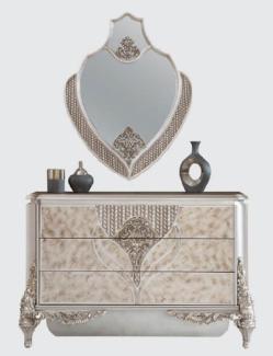 Casa Padrino Luxus Barock Kommode mit Wandspiegel Silber - Handgefertigter Massivholz Schrank mit elegantem Spiegel - Prunkvolle Möbel im Barockstil