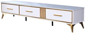 Casa Padrino Luxus TV Schrank Weiß / Gold 200 x 40 x H. 41 cm - Modernes Wohnzimmer Sideboard mit 3 Schubladen - Moderne Wohnzimmer TV Möbel