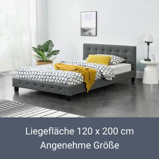 Juskys Polsterbett Manresa 120 x 200 cm - Bett mit Lattenrost und Kopfteil - Zeitloses modernes Design - Grau