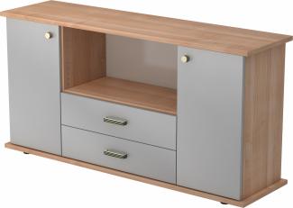 bümö® Sideboard mit Türen, Schubladen und Streifengriffen in Nussbaum/Silber