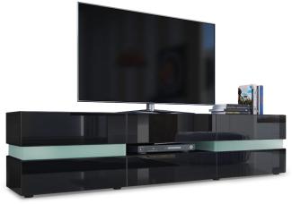 Vladon Lowboard Flow, TV-Kommode mit Ambient Light Verglasung mit 2 Türen, 1 Schublade und 1 Klappe, Schwarz matt/Schwarz Hochglanz (177 x 45 x 39 cm)