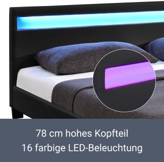 Juskys Polsterbett Paris 140 × 200 cm — Bettgestell mit LED Beleuchtung, Lattenrost & Kopfteil — Kunstleder & Holz — schwarz — Bett Jugendbett