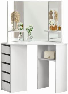 Juskys Eck-Schminktisch Nova – Kosmetiktisch 100 x 54 x 140 cm in Weiß – Frisiertisch aus MDF-Holz mit Spiegel, 5 Schubladen & 3 Ablagefächern