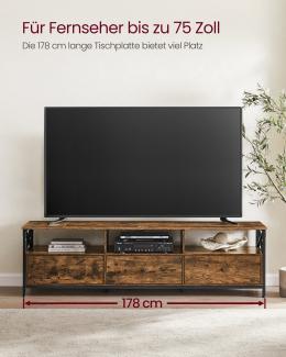 VASAGLE TV-Schrank, Lowboard für Fernseher bis zu 75 Zoll, Fernsehtisch mit 3 Schubladen, 40 x 178 x 50 cm, Industrie-Design, Stahlgestell, vintagebraun-schwarz LTV302B01