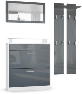 Vladon Garderobe Loret mini, Garderobenset bestehend aus 1 Schuhschrank, 1 Wandspiegel und 2 Garderobenpaneele, Weiß matt/Grau Hochglanz