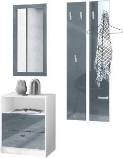 Vladon Garderobe Pino V1, Garderobenset bestehend aus 1 Kommode, 1 Wandspiegel und 2 Garderobenpaneele, Weiß matt/Grau Hochglanz (ca. 130 x 185 x 36 cm)