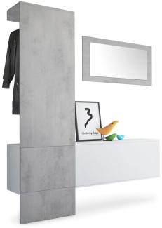 Vladon Garderobe Carlton Set 4, Garderobenset bestehend aus 1 Garderobenpaneel, 1 Schrankmodul und 1 Wandspiegel, Weiß matt/Beton Oxid-Optik (156 x 193 x 35 cm)