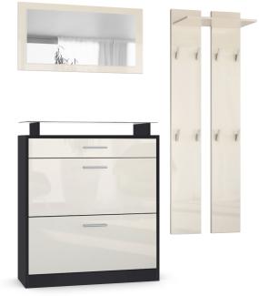 Vladon Garderobe Loret mini, Garderobenset bestehend aus 1 Schuhschrank, 1 Wandspiegel und 2 Garderobenpaneele, Schwarz matt/Creme Hochglanz