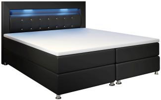 Juskys Boxspringbett Montana 180 x 200 cm schwarz – Komplett Set mit Matratze und Topper – LED-Licht im Kopfteil – Bett aus Kunstleder und Holz – modern