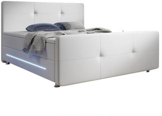 Juskys Boxspringbett Oakland 140 x 200 cm – Bett mit Federkern-Matratze, LED & Kopfteil – Bettgestell aus Holz & Metall mit Kunstleder-Bezug in Weiß