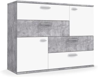 Möbel-Eins SKIV Kommode mit 2 Türen und 4 Schubkästen, Material Dekorspanplatte betonfarbig/weiss