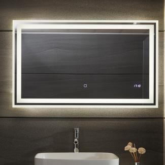 Aquamarin® LED-Badspiegel mit Bewegungsmelder, Beschlagfrei, Dimmbar, Energiesparend & Digitaluhr/Datum, 3000-7000K, 120 x 60 cm