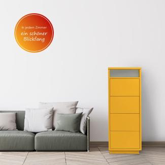Kommode mit 4 Schubkästen, Klapp-Deckel & Dokumenten-Ablage mit Glasfenster - Schubladen-Turm - Push-To-Open Sideboard Orange