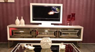 Casa Padrino Luxus TV Schrank mit 3 verspiegelten Schubladen Weiß / Gold 220 x 49 x H. 64 cm - Wohnzimmer Möbel - Luxus Qualität