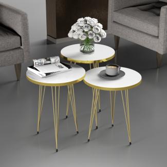 [en. casa] Beistelltisch-Set Ry Satztisch 3er Set Weiß Abstelltisch mit runder Tischplatte Hairpinlegs aus Metall Goldfarben Wohnzimmertisch