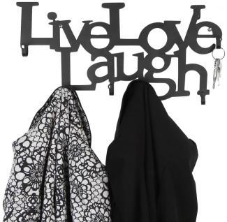 MIADOMODO® 'Live, Love, Laugh' Wandgarderobe mit 6 Haken, Metall schwarz, 48 x 23 x 3 cm