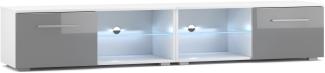 Domando Lowboard Rossano M3 Modern für Wohnzimmer Breite 200cm, LED Beleuchtung in blau, Push-to-open-System, Weiß Matt und Grau Hochglanz