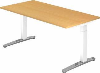 bümö® Design Schreibtisch XB-Serie höhenverstellbar, Tischplatte 160 x 80 cm in Buche, Gestell in weiß/alu poliert