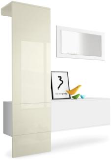 Vladon Garderobe Carlton Set 4, Garderobenset bestehend aus 1 Garderobenpaneel, 1 Schrankmodul und 1 Wandspiegel, Weiß matt/Creme Hochglanz (156 x 193 x 35 cm)