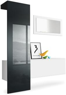 Vladon Garderobe Carlton Set 4, Garderobenset bestehend aus 1 Garderobenpaneel, 1 Schrankmodul und 1 Wandspiegel, Weiß matt/Schwarz Hochglanz (156 x 193 x 35 cm)