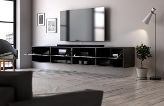 Domando Lowboard Cinta 200cm Modern für Wohnzimmer Breite 200cm, Hochglanz, Schwarz Matt und Schwarz Hochglanz