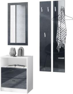 Vladon Garderobe Pino V1, Garderobenset bestehend aus 1 Kommode, 1 Wandspiegel und 2 Garderobenpaneele, Weiß matt/Schwarz Hochglanz (ca. 130 x 185 x 36 cm)