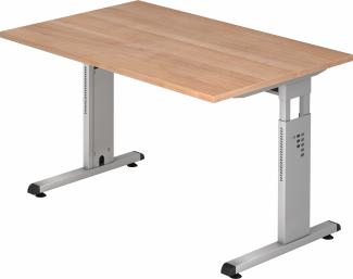 bümö® Schreibtisch O-Serie höhenverstellbar, Tischplatte 120 x 80 cm in Nussbaum, Gestell in silber