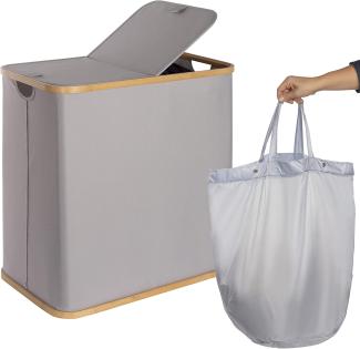 ONVAYA® Wäschekorb mit Deckel | 2 Fächer | Grau | Wäschesammler fürs Badezimmer | Wäschetruhe aus Bambus-Holz & Oxford-Stoff | Design Wäschebox | Wäschesortierer