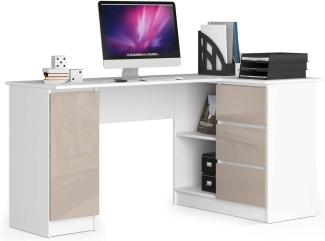 Eck-Schreibtisch B-20 mit 3 Schubladen, 2 Ablagen und einem Regalfach mit Tür | ecktisch | Eck Schreibtisch für Home Office | Einfache Montage | B155 x H77 x T85, 60 kg Weiß/Glänzender Cappuccino