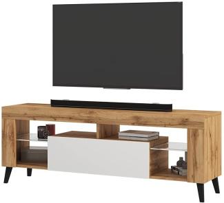 Selsey HugoB – TV-Lowboard, modernes TV-Sideboard mit Füßen und Glaseinlegeböden, 140 cm (Lancaster Eiche Matt / Weiß Glanz, ohne LED)