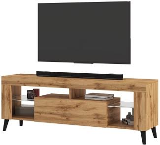 Selsey HugoB – TV-Lowboard, modernes TV-Sideboard mit Füßen und Glaseinlegeböden, 140 cm (Lancaster Eiche Matt, ohne LED)