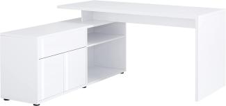 Schreibtisch "Hornstein" aus Melaminharzbeschichtung / hochwertige ABS-Kanten in Icy-weiß - weiß Hochglanz mit einer Schublade und 2 Türen. Abmessungen (B/H/T) 153x75x51 cm