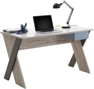 FMD furniture Schreibtisch, Holzwerkstoff, Sandeiche/Weiß/Lava/Denim, ca. 135 x 75 x 67,5 cm