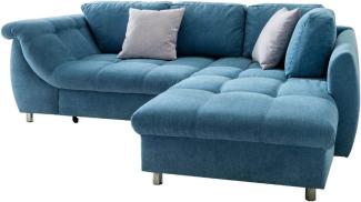 lifestyle4living Ecksofa mit Schlaffunktion und Bettkasten in Blau mit großen Rücken-Kissen, Microfaser-Stoff | Gemütliches L-Sofa mit Longchair im modernen Look