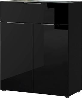Amazon Marke - Alkove Kommode Selencia, in Schwarz, Fronten und Oberboden mit Glasauflage, mit einer Schublade und 2 Türen, 83 x 102 x 42 cm (BxHxT)