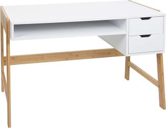 Schreibtisch HWC-K12, Bürotisch Computertisch Arbeitstisch, Schublade, Bambus 76x155x58cm ~ weiß