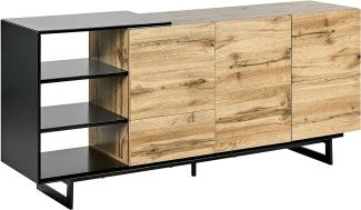 Sideboard Heller Holzfarbton u. Schwarz MDF-Platte Stahl 160 x 40 x 75 cm Niedrig mit Schubladen Türen Regalen Metallgestell Wohnzimmer Schrank