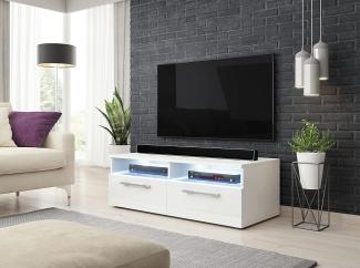 Domando Lowboard Ferrara Modern für Wohnzimmer Breite 100cm, blau beleuchtete Glasablage, Weiß Matt und Weiß Hochglanz