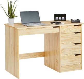 IDIMEX Schreibtisch Hugo aus massiver Kiefer in Natur, schöner Schülerschreibtisch mit 5 Schubladen, praktischer Bürotisch mit Querstrebe für Stabilität