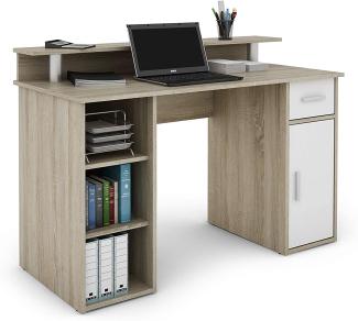 byLIVING Schreibtisch DIEGO / Arbeits-Tisch mit viel Stauraum in Sonoma Eichen-Holz-Optik / Fronten in Weiß / Computer-Tisch / 1 Schublade, 1 Tür, 3 offene Fächer / 120x88x55cm (BxHxT)