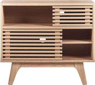 TV Möbel Heller Holzfarbton mit Viel Stauraum im Retro Stil Trendy Praktisch Multifunktional 2 Fächer Wohnzimmer