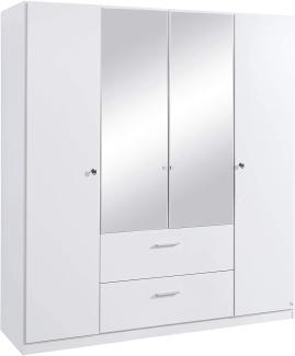 Rauch Möbel Buchholz Schrank abschließbar, Abschließbarer Kleiderschrank in Weiß 4-türig mit Spiegel und 2 Schubladen inkl. Zubehörpaket Basic 2 Kleiderstangen, 5 Einlegeböden BxHxT 181x197x54 cm