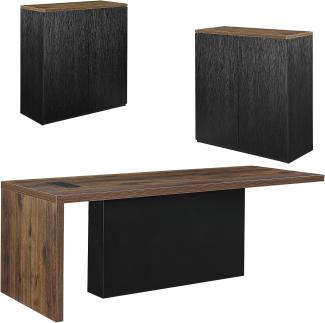 neu.haus Schreibtisch-Set 'Gent' mit 2 Büroschränken, schwarz/natur, 77 x 220 x 80 cm
