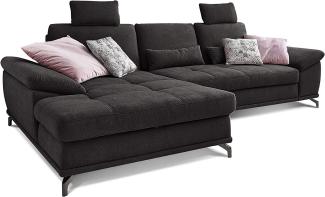 Cavadore L-Form-Sofa Castiel mit Federkern / Große Eckcouch mit Sitztiefenverstellung, Kopfstützen und XL-Longchair / 312 x 114 x 173 / Webstoff, Schwarz