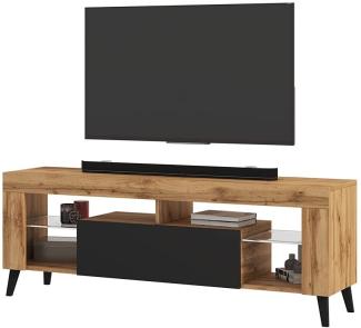Selsey HugoB – TV-Lowboard, modernes TV-Sideboard mit Füßen und Glaseinlegeböden, 140 cm (Lancaster Eiche Matt / Schwarz Glanz, ohne LED)