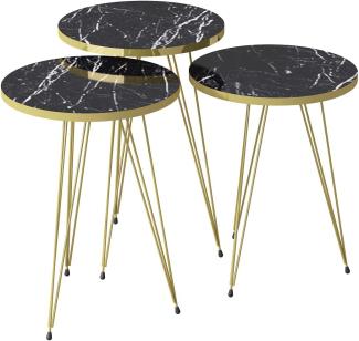 moebel17 5361 EYGD05 - Beistelltisch 3 er Set rund - Kaffeetisch Satztisch mit Metallgestell, Wohnzimmertisch Tisch, Schwarz Marmor, vergoldet, Breite 38 cm x Höhe (H) 45,5 cm (H) 49,5 cm (H) 53,5 cm