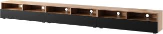 Selsey REDNAW - TV-Schrank/modernes TV-Board mit DREI Schubladen, stehend/hängend, 300 cm breit (Wotan Eiche Matt/Schwarz Hochglanz ohne LED)