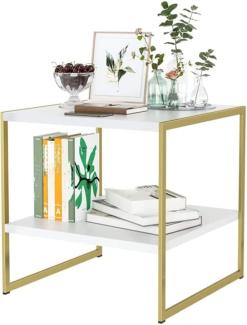 Beistelltisch mit 2 Ablagen Nachttisch Couchtisch im skandinavisch Stil Telefontisch aus Holz und Metall Weiß Gold 50x50x50cm