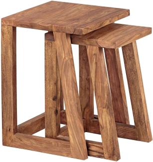 Wohnling 2er Set Beistelltisch Massivholz Design Wohnzimmer-Tisch eckig Nachttisch Satztisch Landhaus-Stil Naturprodukt