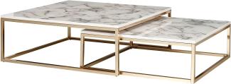 Wohnling Design Satztisch, Couchtisch 2er Set weiß/gold Marmor Optik Eckig, Tischgestell Metall, 27 x 75 x 75 cm